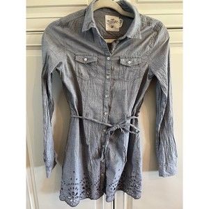 H&M LOGG Top Shirt Youth Girls Size 14  Blue Collared‎ Button Up Tunic Tie Waist
